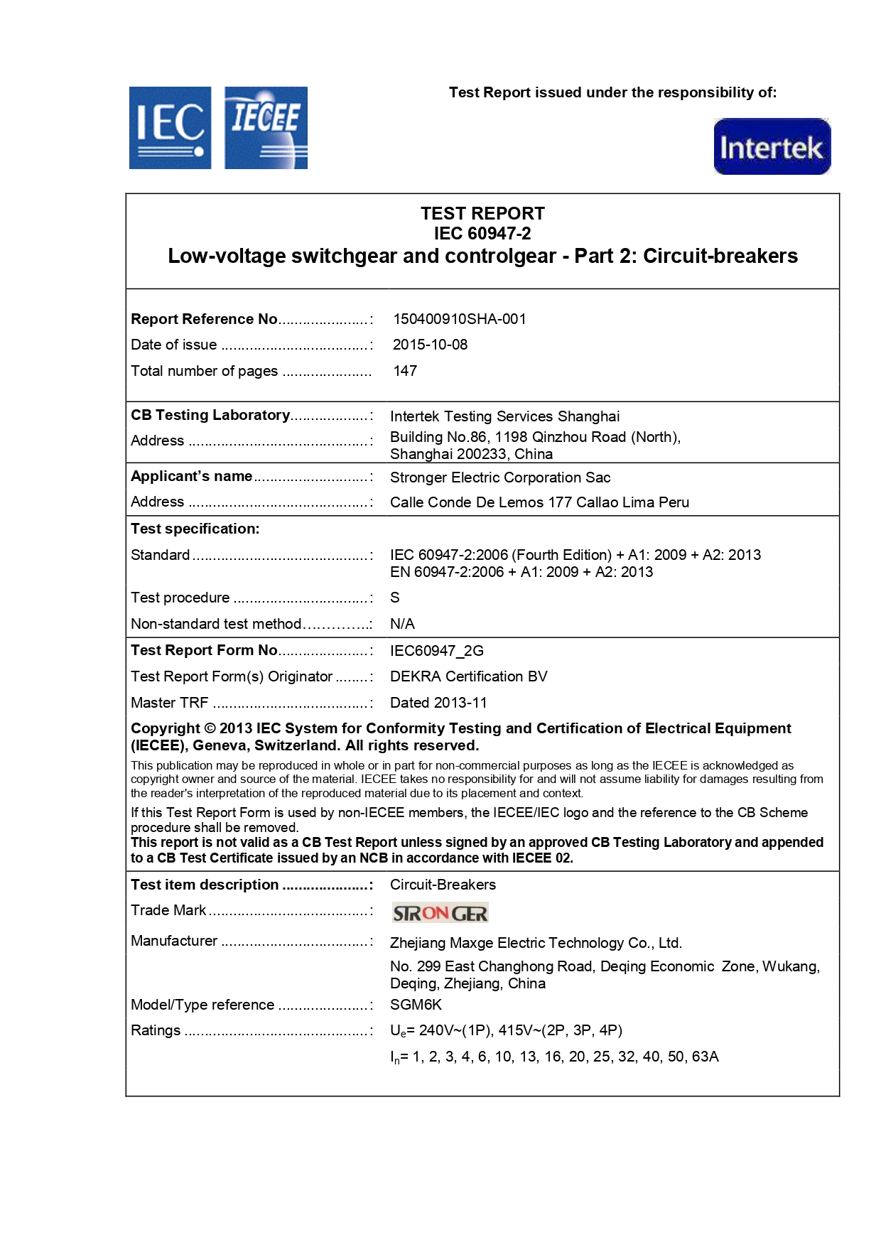 IEC 60947-2 interruptor termomagnético SGM6K