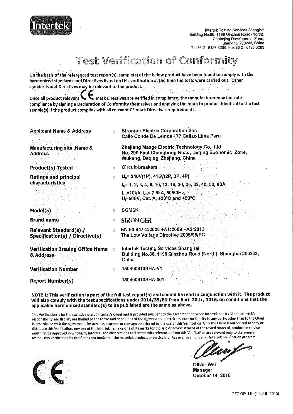 INTERTEK interruptor termomagnético SGM6K